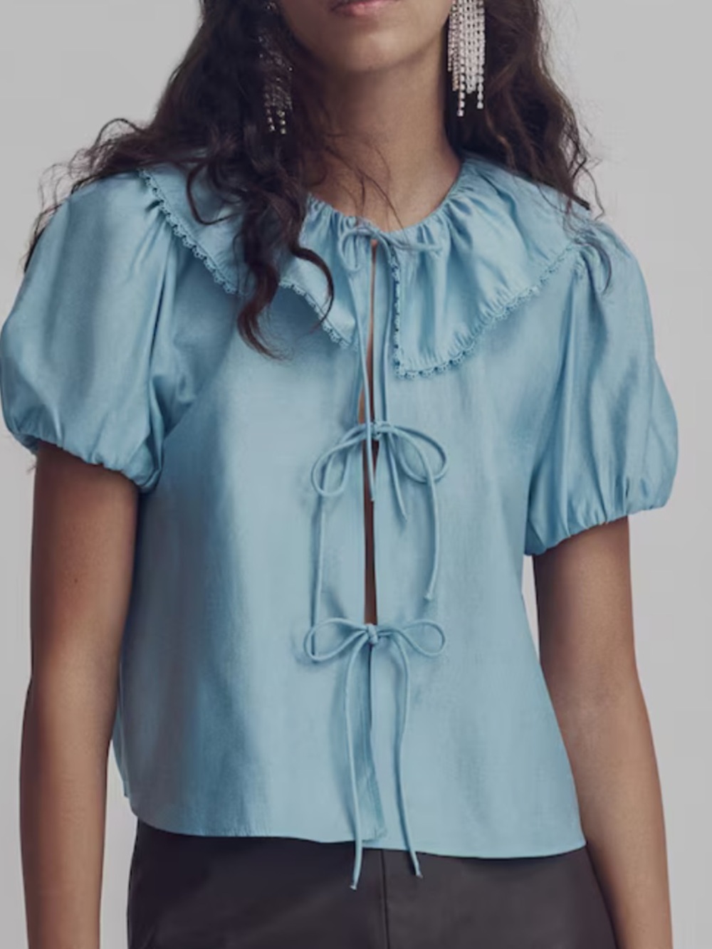 H&M Light Blue Ruffle Collar Tie-Front Blouse, nwt - Picture 17 of 17